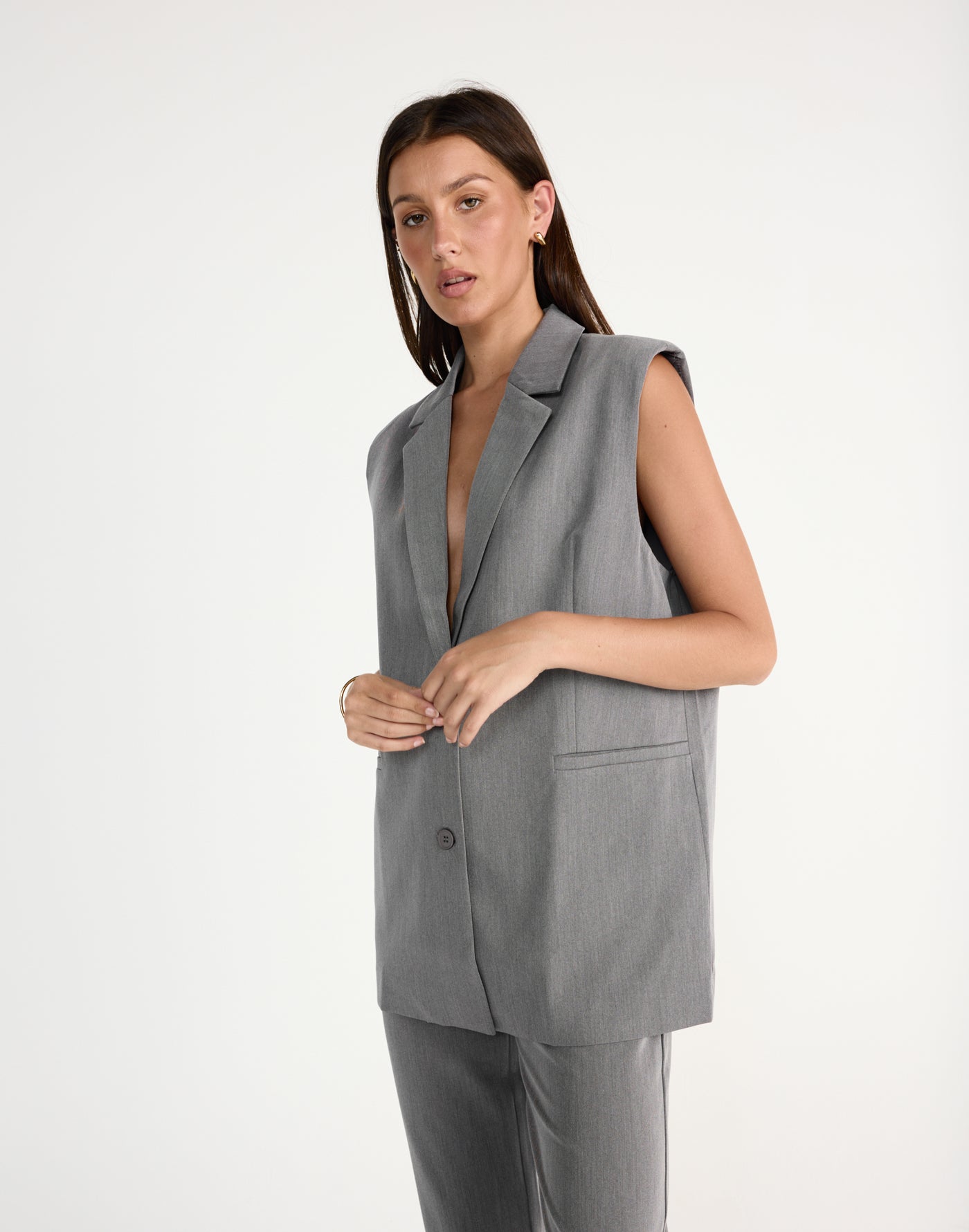 Rory Vest (Grey) | CHARCOAL Exclusive - V neckline oversized collared vest - Women's Outerwear - Charcoal Clothing