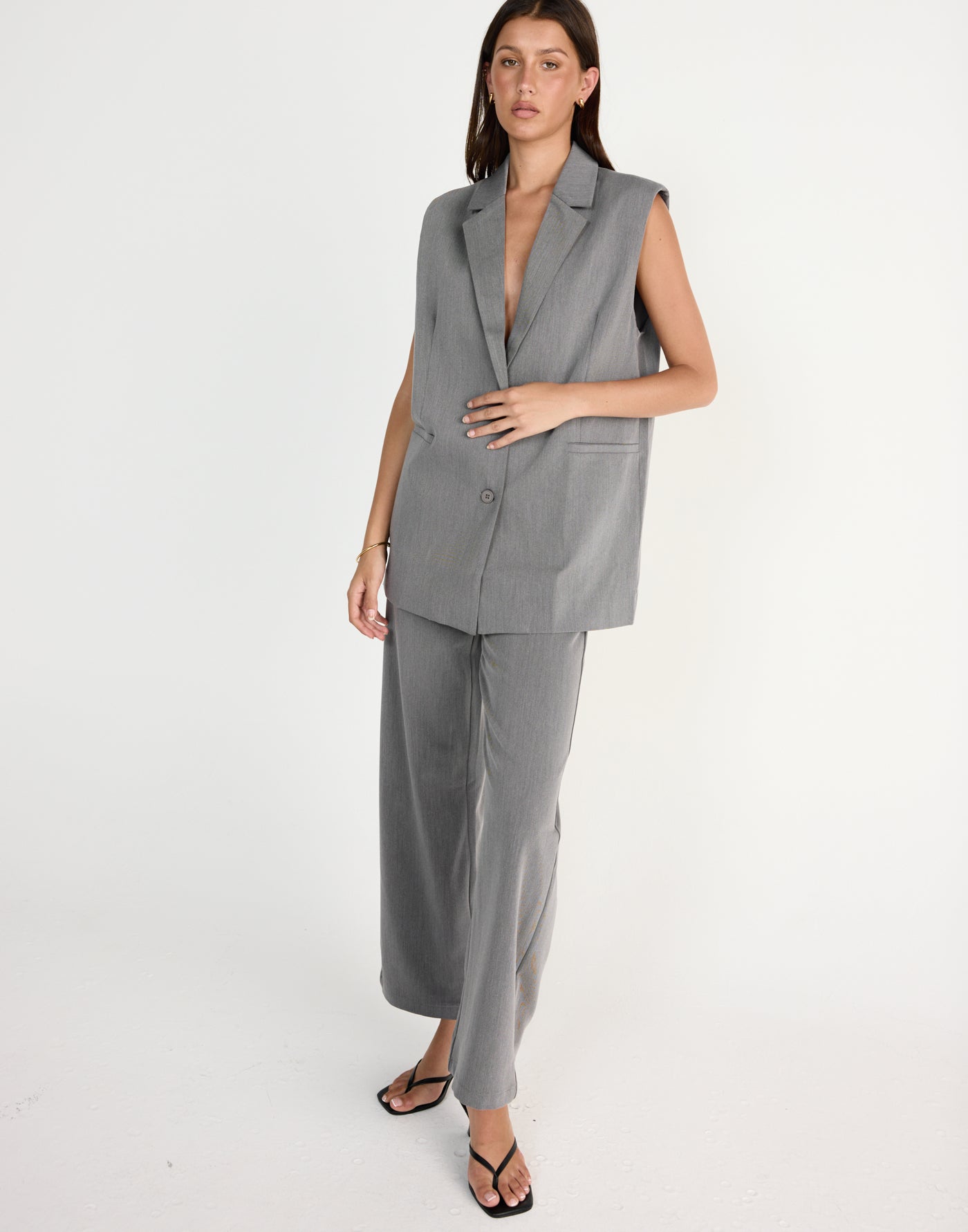 Rory Vest (Grey) | CHARCOAL Exclusive - V neckline oversized collared vest - Women's Outerwear - Charcoal Clothing