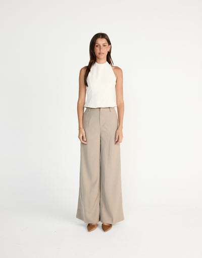 Kalla Top (Oat) | CHARCOAL EXCLUSIVE | High halter neck top button enclosure back - Women's Top - Charcoal Clothing