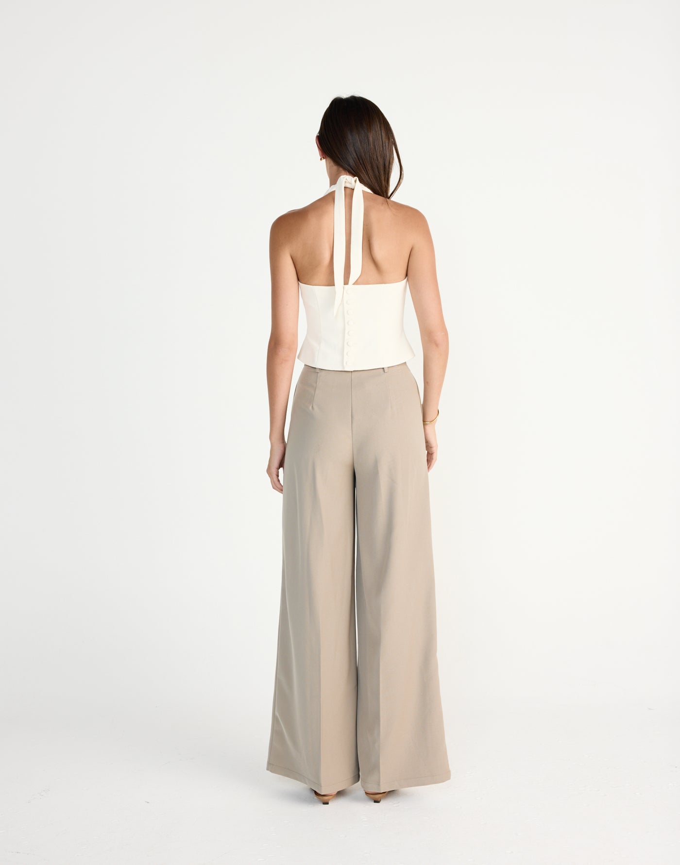 Kalla Top (Oat) | CHARCOAL EXCLUSIVE | High halter neck top button enclosure back - Women's Top - Charcoal Clothing