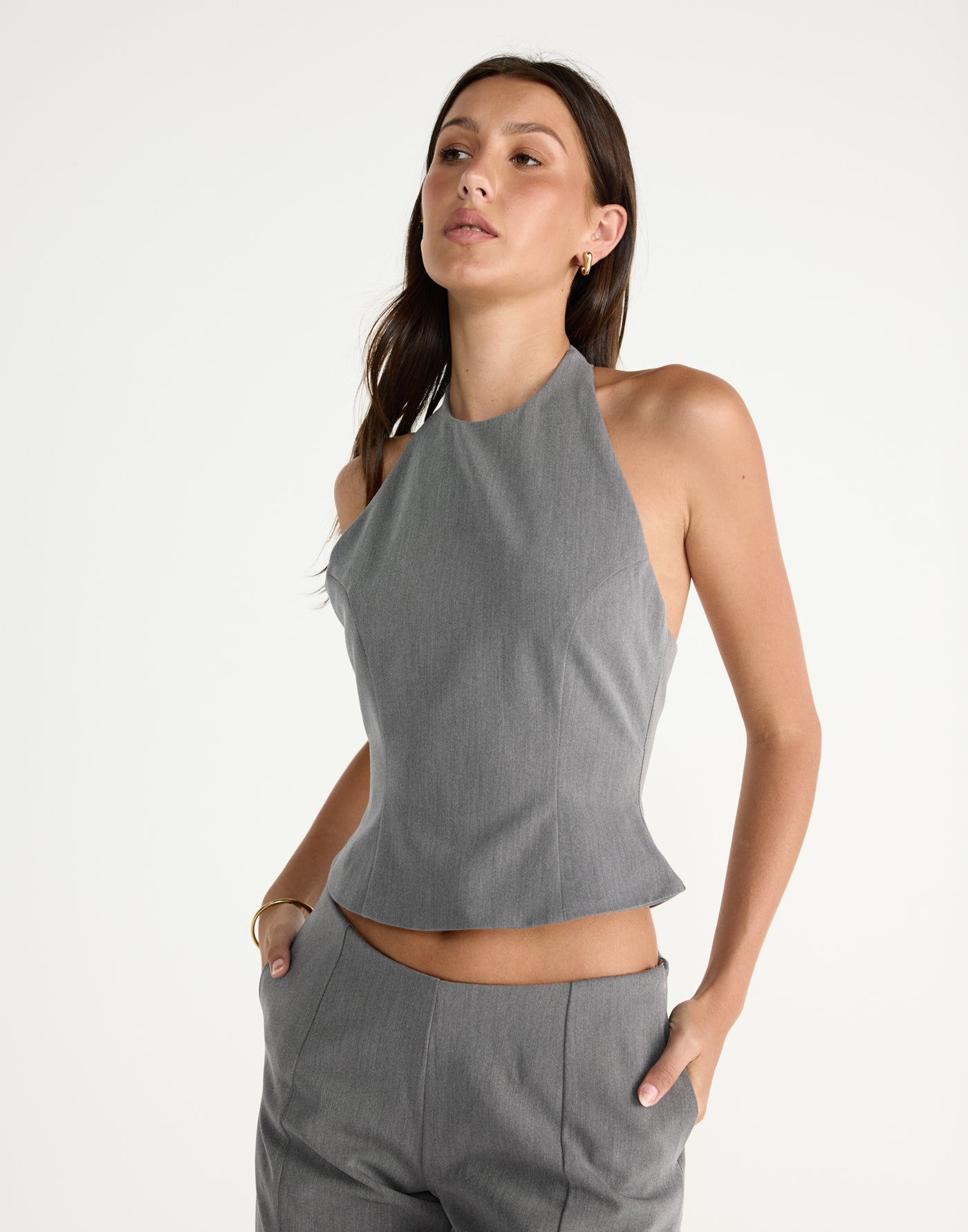 Kalla Top (Grey) | CHARCOAL EXCLUSIVE | High halter neck top button enclosure back - Women's Top - Charcoal Clothing