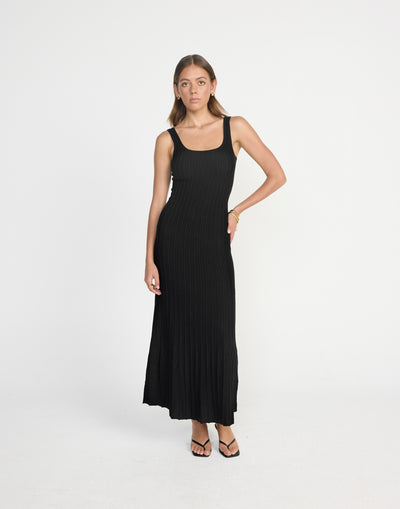 Marzia Maxi Dress (Black) | CHARCOAL Exclusive - Round Neckline Bodycon Flared Skirt Maxi Dress - Women's Dress - Charcoal Clothing