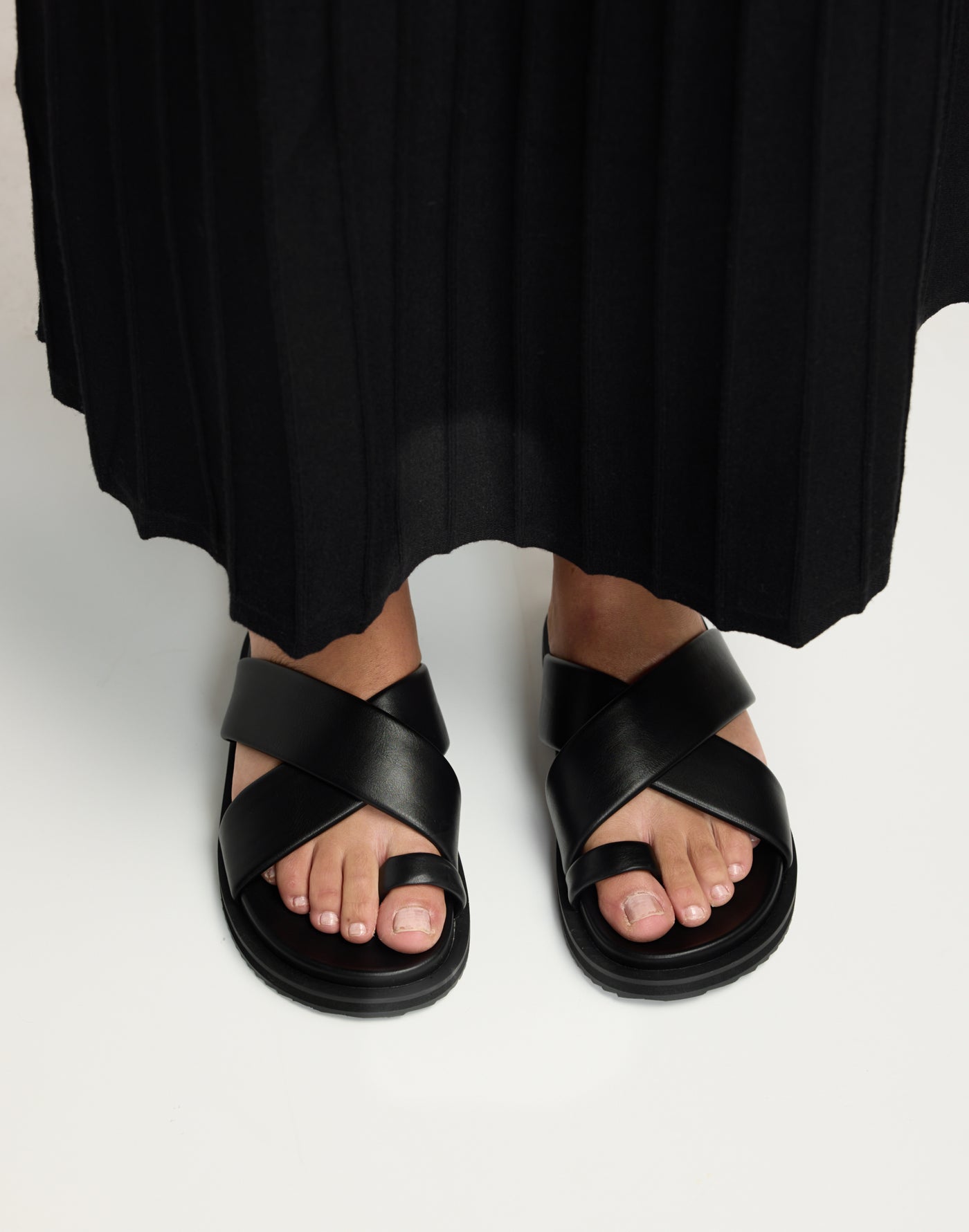 Trixie (Black) - By Billini - Crossover Straps Toe Cover Slides - Women's Shoes - Charcoal Clothing