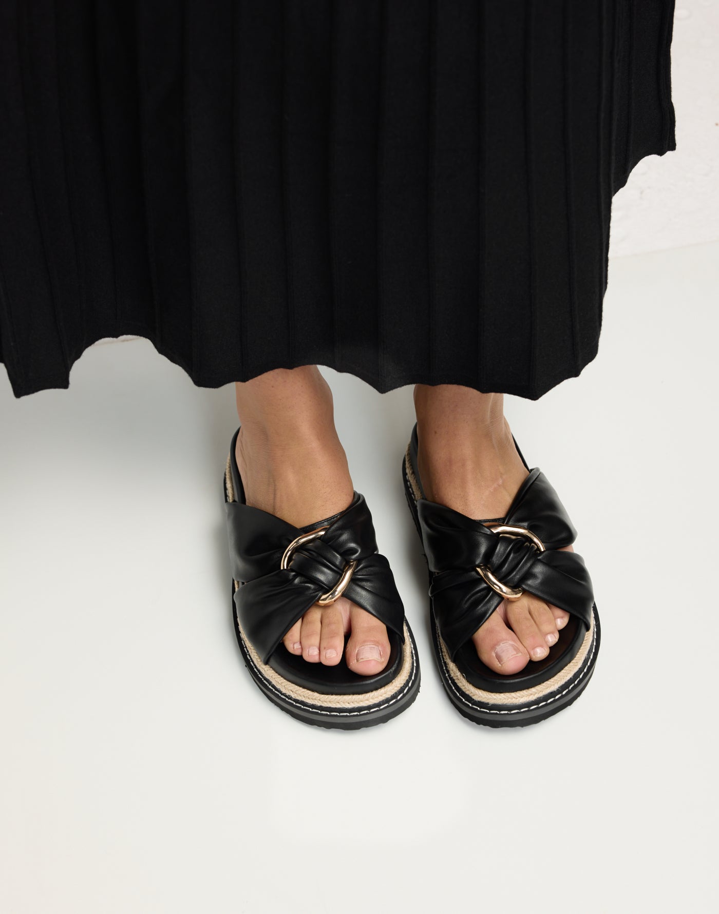 Ambrose (Black) - By Billini - Platform Slide Gold Hardware Gathering Detail - Women's Shoes - Charcoal Clothing