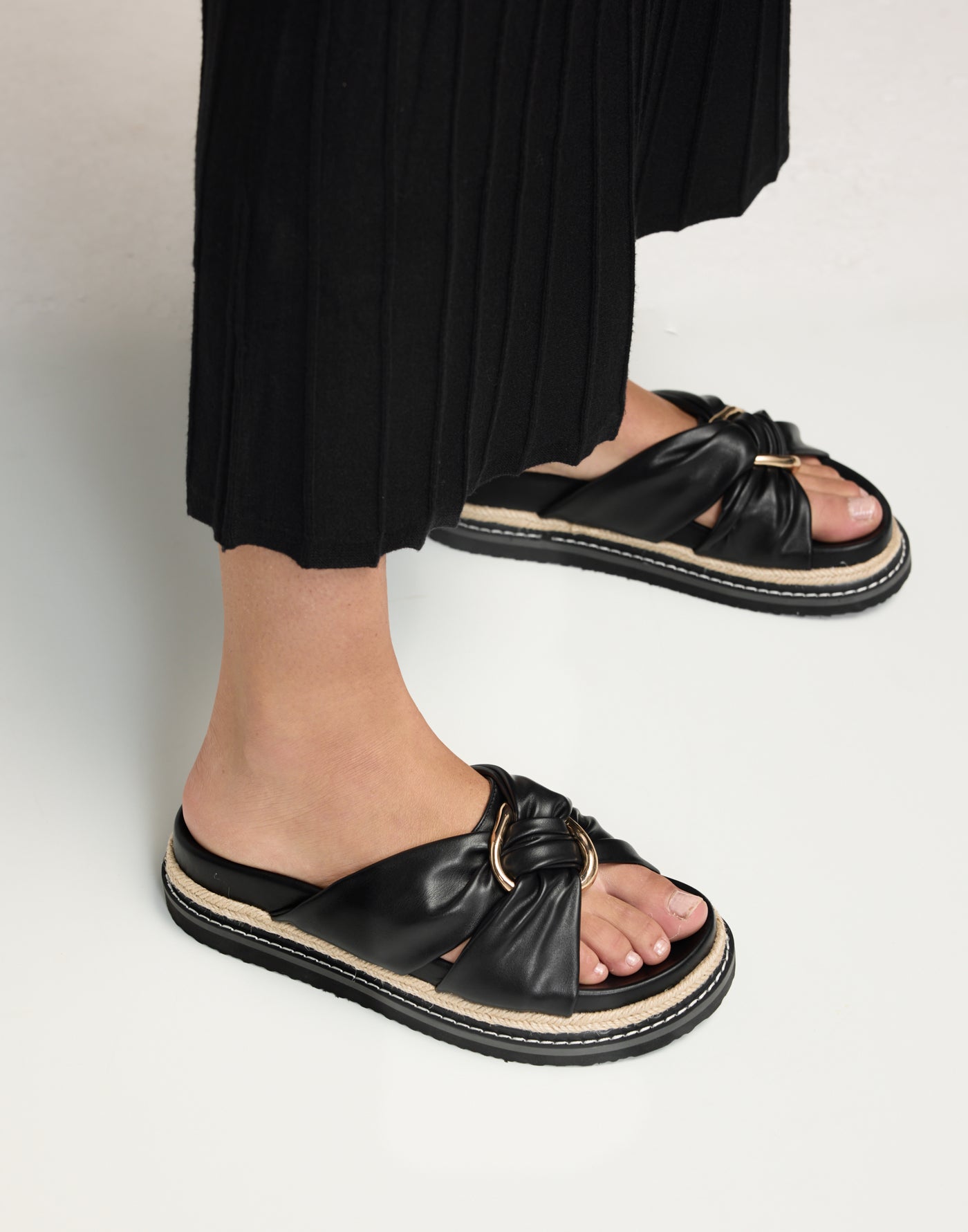 Ambrose (Black) - By Billini - Platform Slide Gold Hardware Gathering Detail - Women's Shoes - Charcoal Clothing