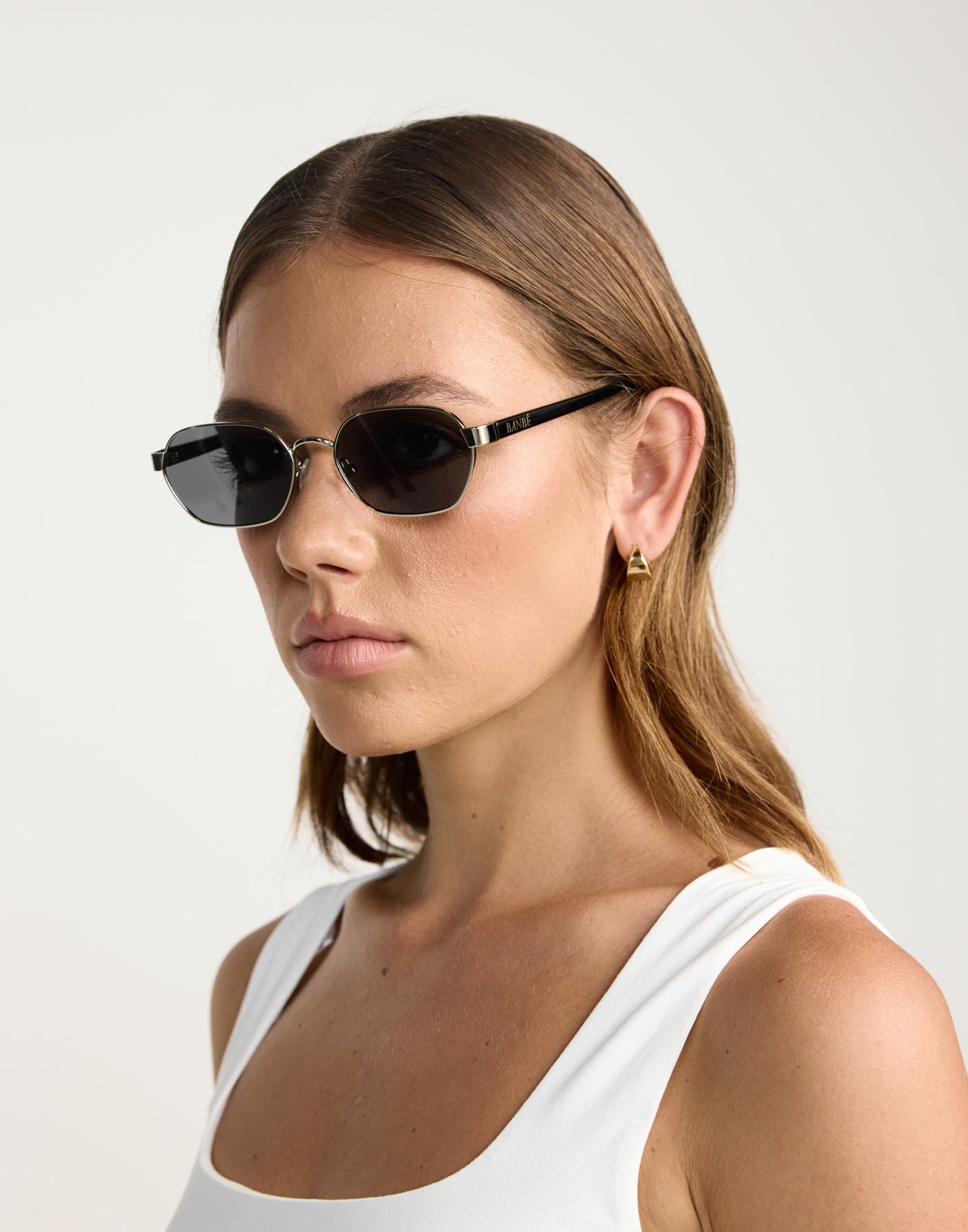 The Blake Sunglasses (Silver Smoke) - By Banbée - Gold Frame Olive Tinted Oval Frame Sunglasses - Women's Accessories - Charcoal Clothing