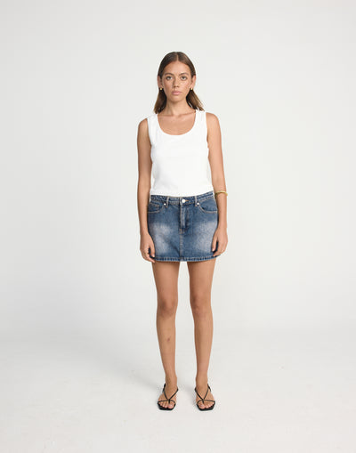 Riri Denim Mini Skirt (Faded Mid Wash) | CHARCOAL Exclusive - Mid Rise Basic Mini Skirt - Women's Skirt - Charcoal Clothing