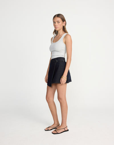 Nicholas Mini Skirt (Indigo) | CHARCOAL Exclusive - Wrap Style High Waisted Mini Skirt - Women's Skirt - Charcoal Clothing