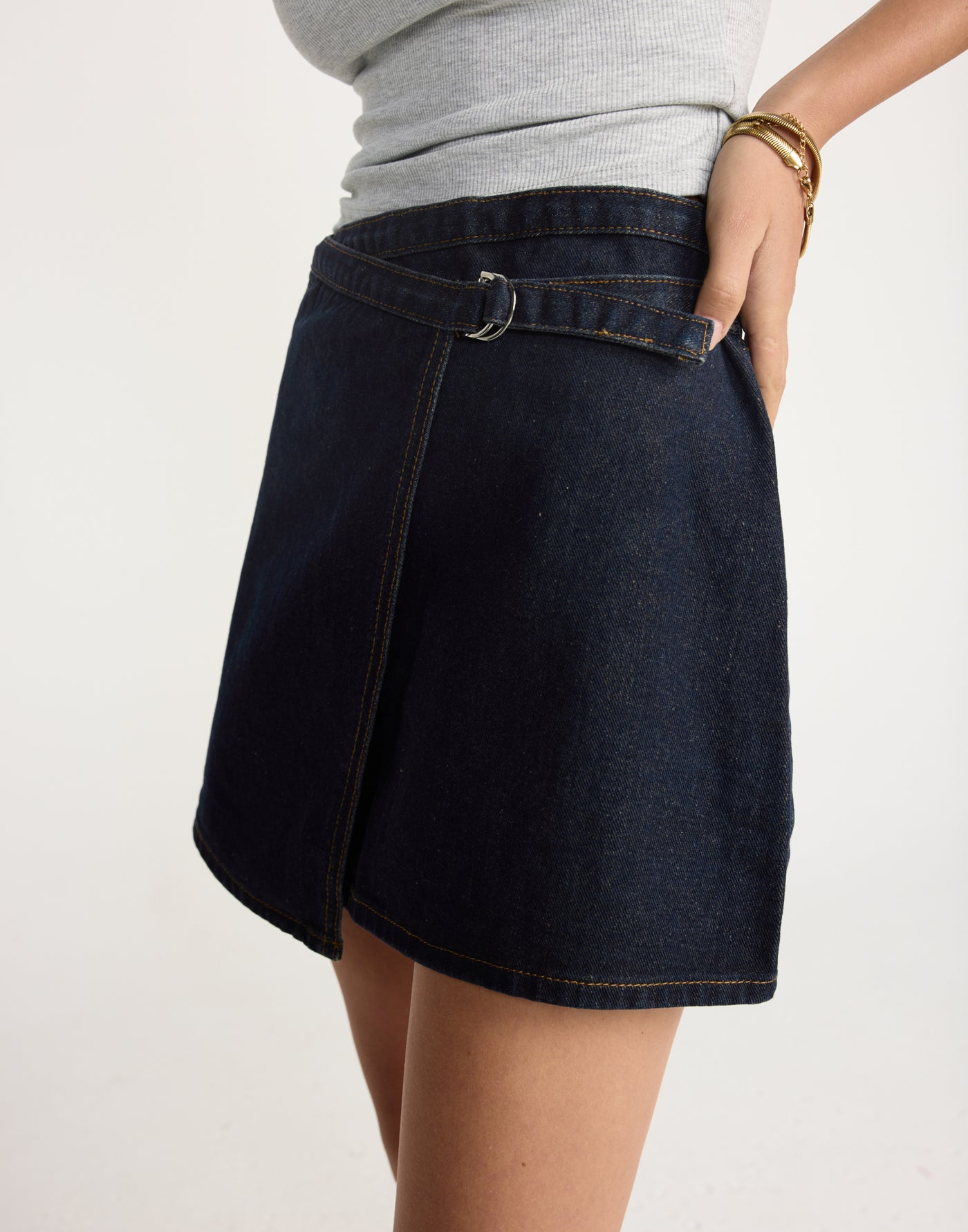 Nicholas Mini Skirt (Indigo) | CHARCOAL Exclusive - Wrap Style High Waisted Mini Skirt - Women's Skirt - Charcoal Clothing