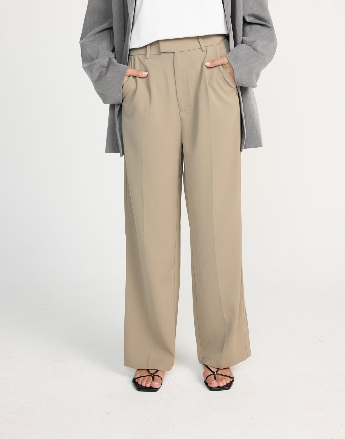 Neva Pants (Mushroom) - Petite - CHARCOAL EXCLUSIVE - Straight Leg Mid Rise Suit Style Pants - Women's Pants - Charcoal Clothing