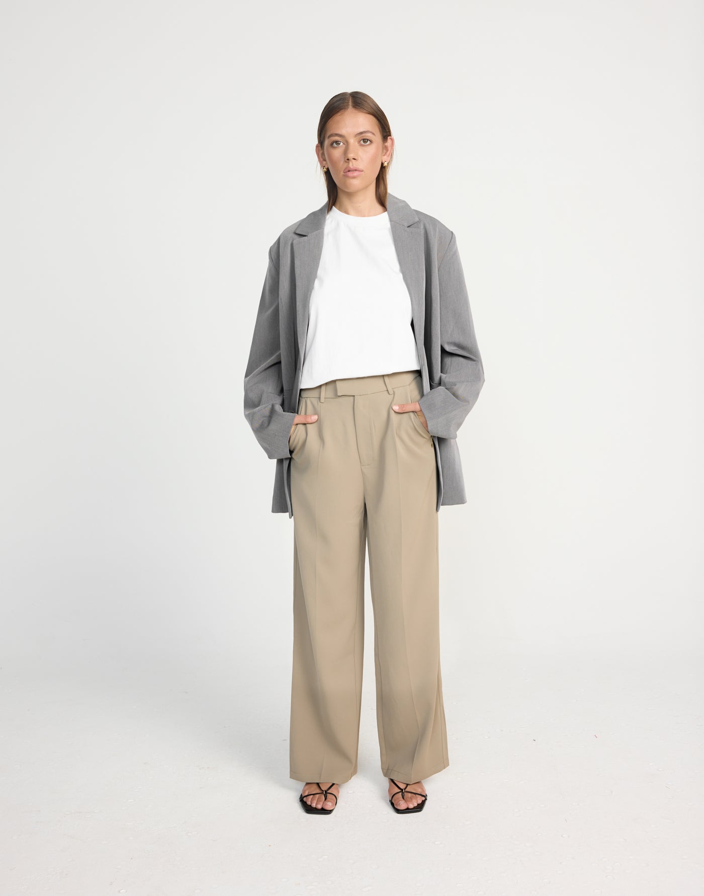 Neva Pants (Mushroom) - Petite - CHARCOAL EXCLUSIVE - Straight Leg Mid Rise Suit Style Pants - Women's Pants - Charcoal Clothing