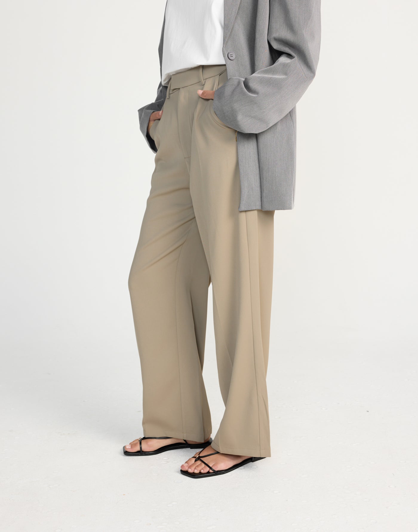 Neva Pants (Mushroom) - Petite - CHARCOAL EXCLUSIVE - Straight Leg Mid Rise Suit Style Pants - Women's Pants - Charcoal Clothing