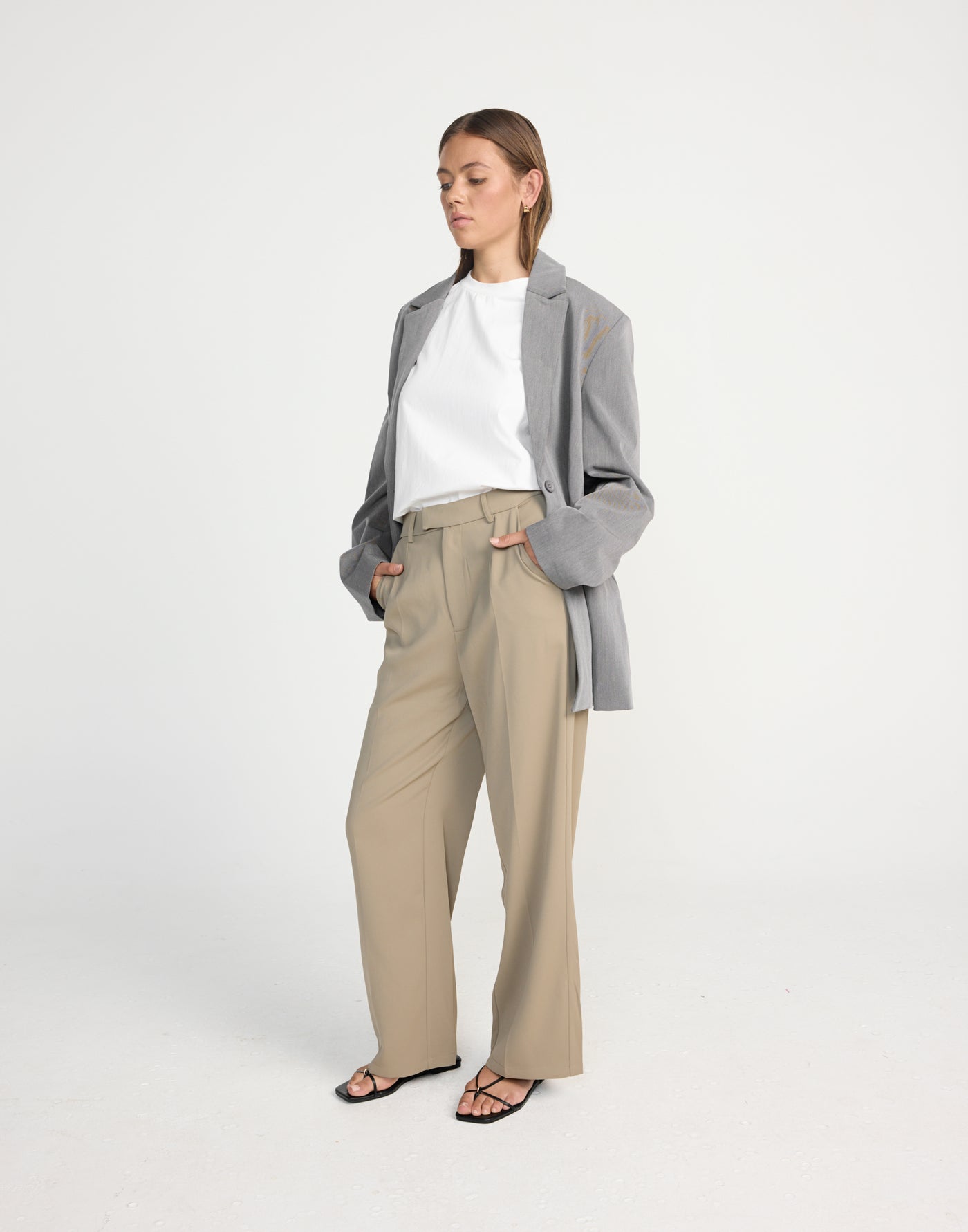 Neva Pants (Mushroom) - Petite - CHARCOAL EXCLUSIVE - Straight Leg Mid Rise Suit Style Pants - Women's Pants - Charcoal Clothing