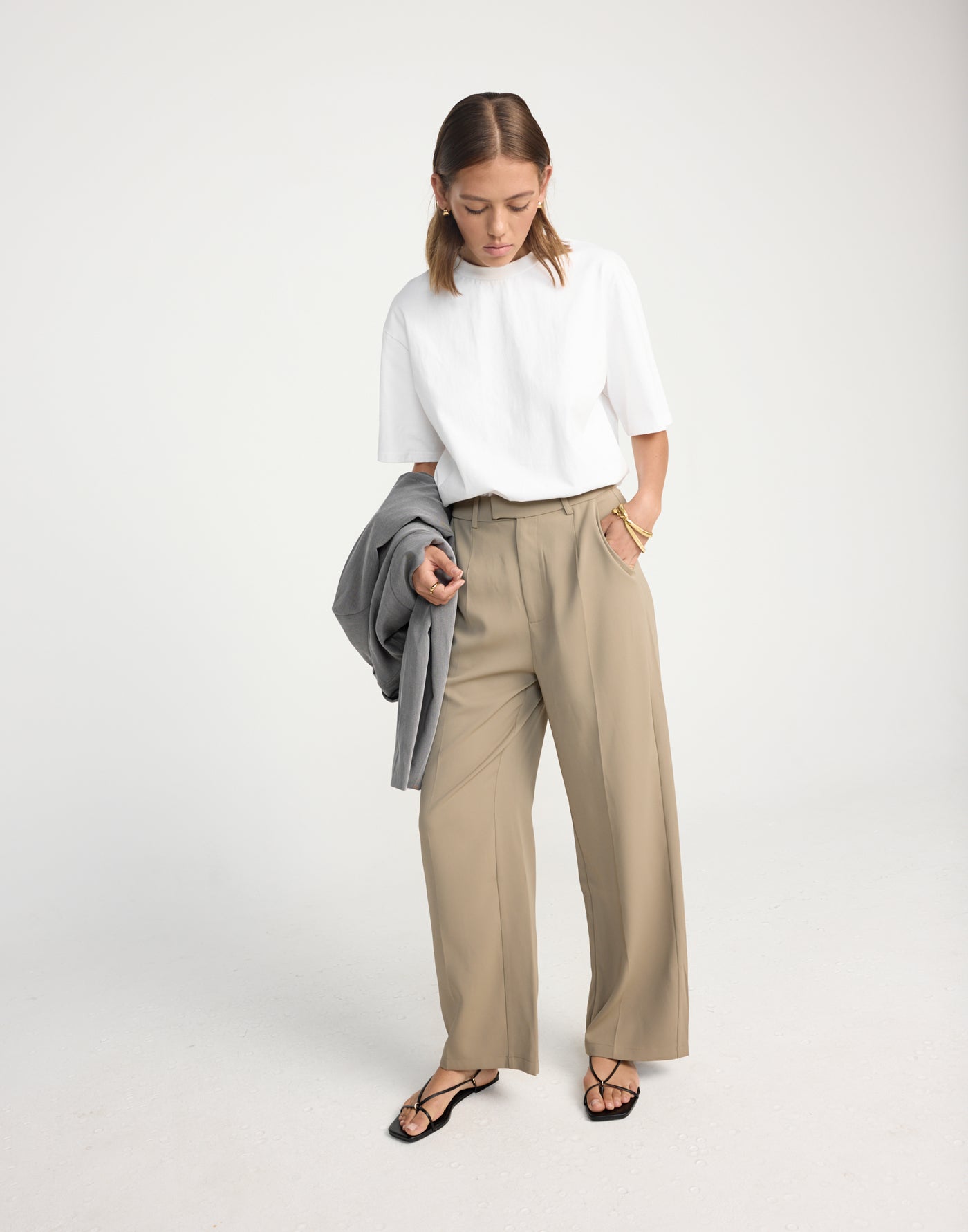 Neva Pants (Mushroom) - Petite - CHARCOAL EXCLUSIVE - Straight Leg Mid Rise Suit Style Pants - Women's Pants - Charcoal Clothing