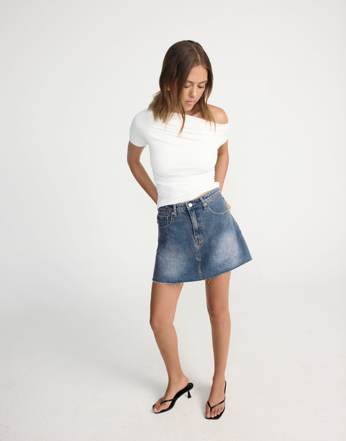 Asher Denim Mini Skirt (Faded Mid Wash) | CHARCOAL Exclusive - High Waisted Frayed Hem Mini Skirt - Women's Skirt - Charcoal Clothing