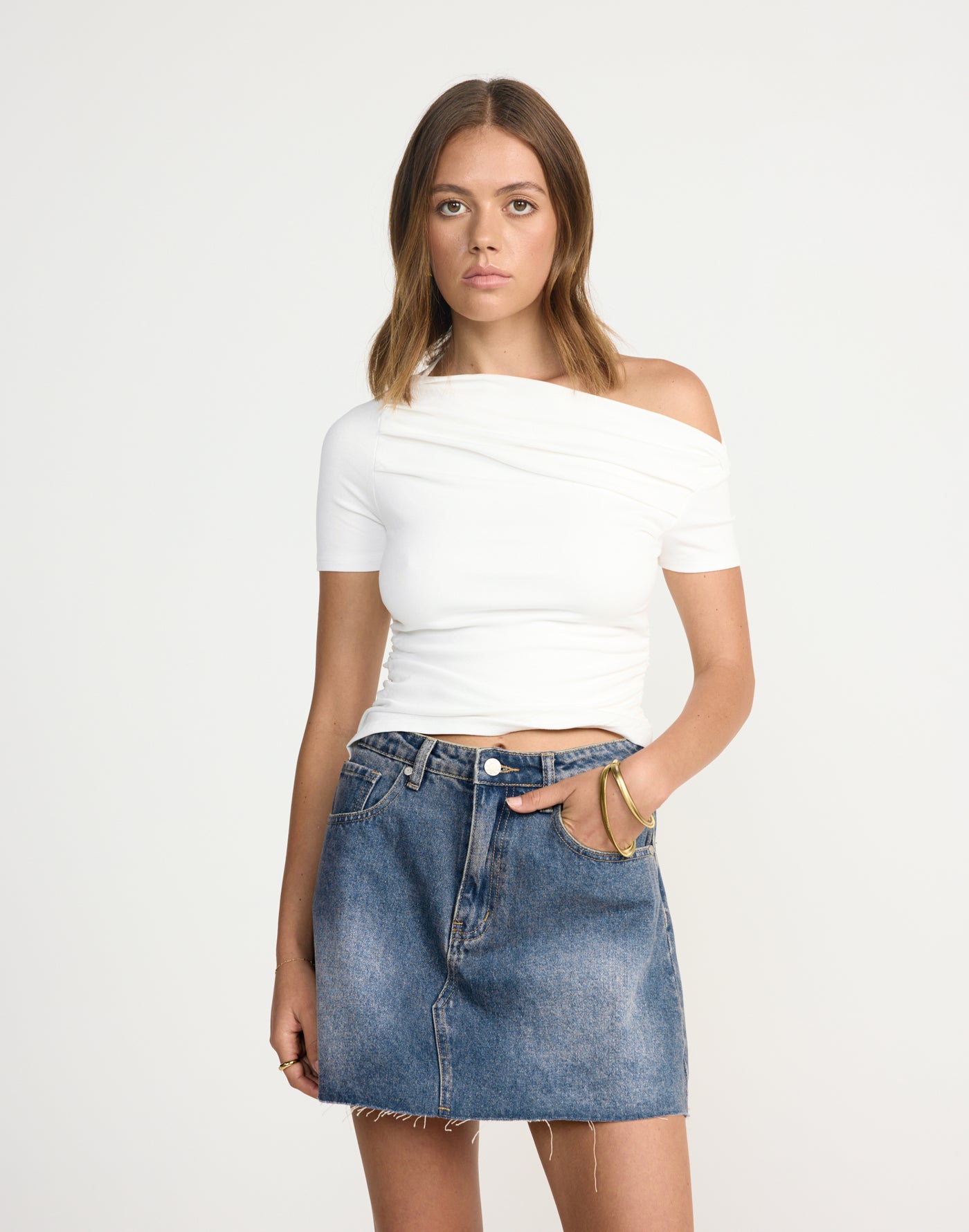Asher Denim Mini Skirt (Faded Mid Wash) | CHARCOAL Exclusive - High Waisted Frayed Hem Mini Skirt - Women's Skirt - Charcoal Clothing