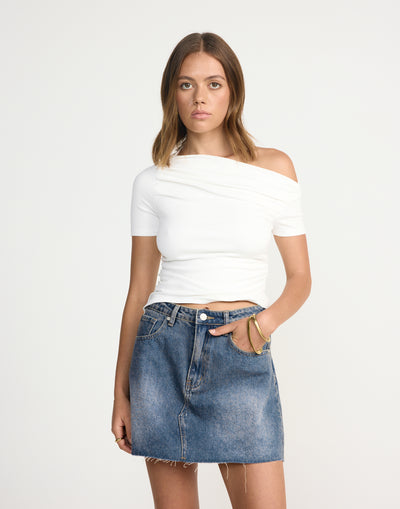 Asher Denim Mini Skirt (Faded Mid Wash) | CHARCOAL Exclusive - High Waisted Frayed Hem Mini Skirt - Women's Skirt - Charcoal Clothing