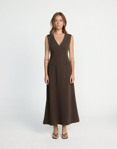 Katniss Maxi Dress (Chocolate) | CHARCOAL EXCLUSIVE | Bodycon buttery soft jersey fabrication v neckline maxi dress - Women's Dress - Charcoal Clothing