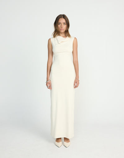 Florrie Maxi Dress (Oat) | CHARCOAL EXCLUSIVE | Bodycon butter jersey fabrication cowl neck maxi dress - Women's Dress - Charcoal Clothing