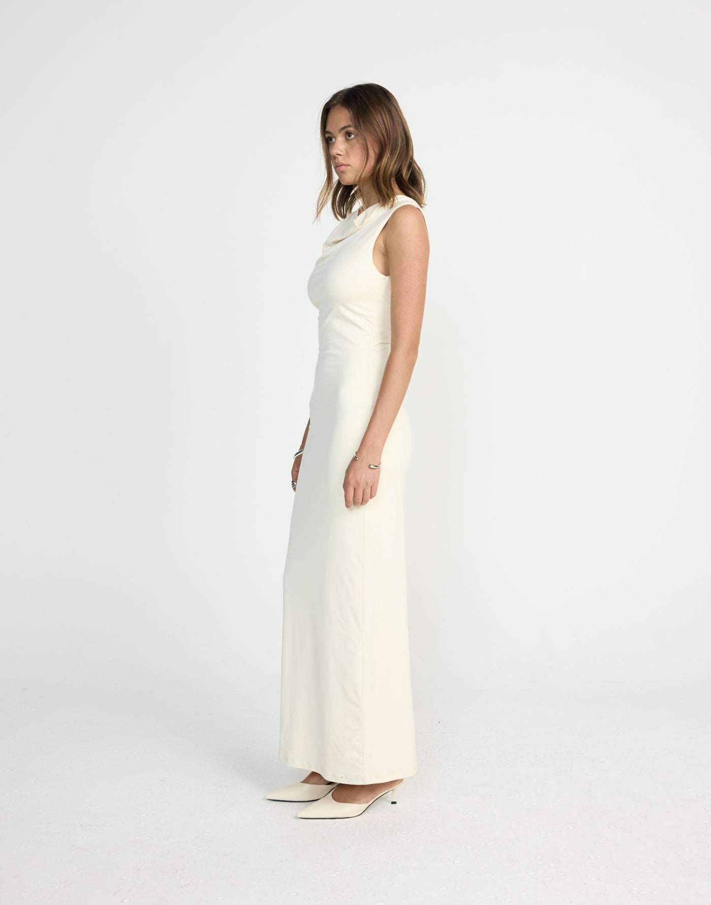 Florrie Maxi Dress (Oat) | CHARCOAL EXCLUSIVE | Bodycon butter jersey fabrication cowl neck maxi dress - Women's Dress - Charcoal Clothing