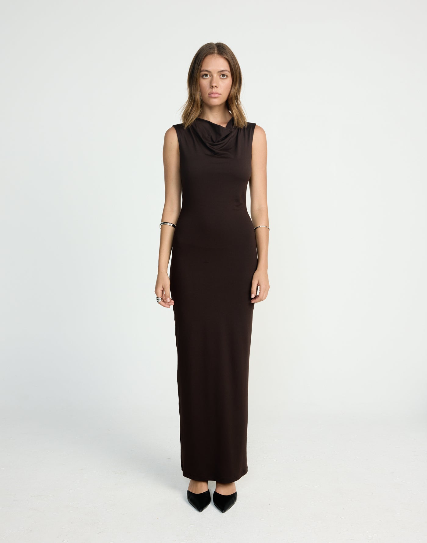 Florrie Maxi Dress (Chocolate) | CHARCOAL EXCLUSIVE | Bodycon butter jersey fabrication cowl neck maxi dress - Women's Dress - Charcoal Clothing