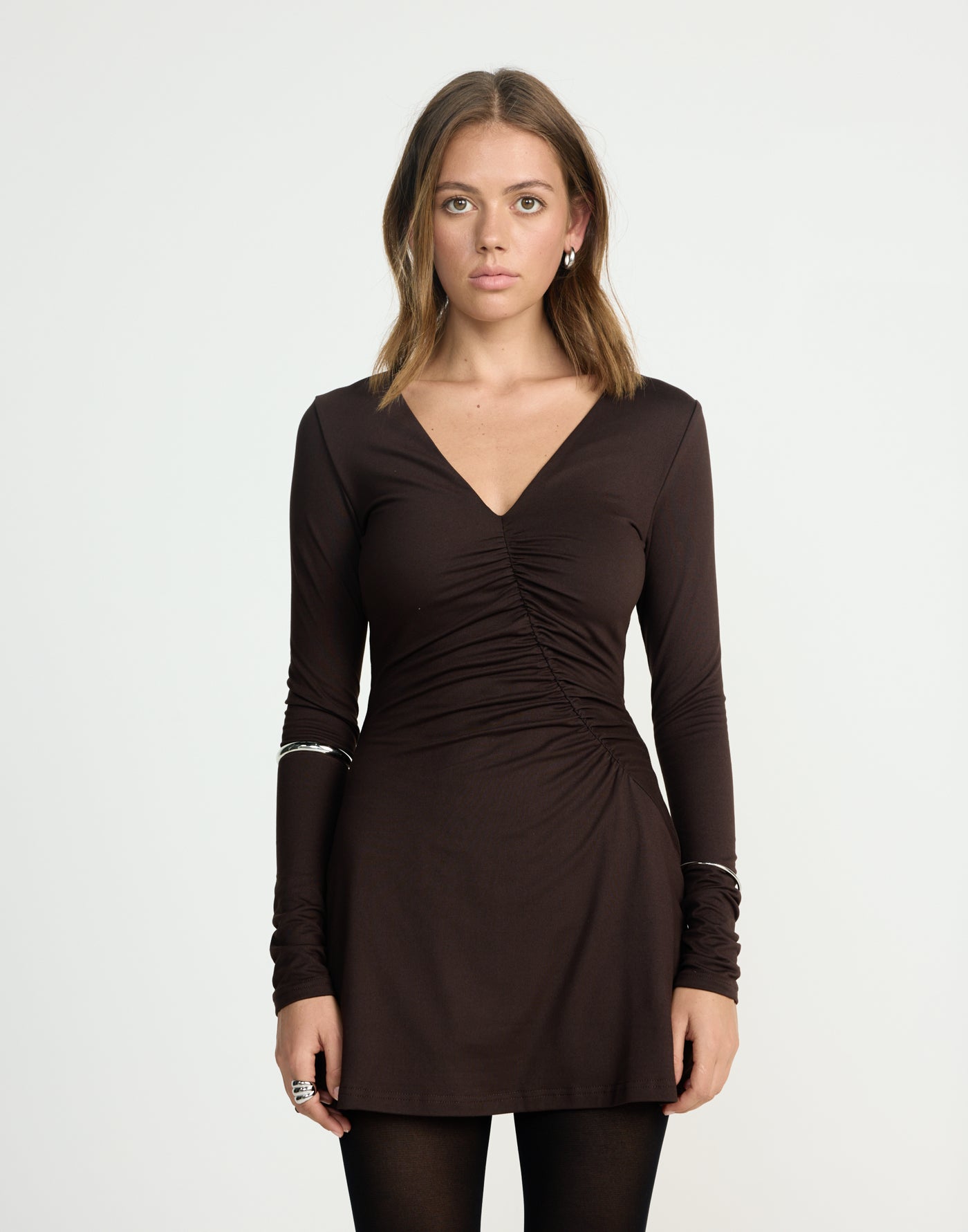 Brioni Long Sleeve Mini Dress (Chocolate) | CHARCOAL EXCLUSIVE | Butter jersey long sleeve mini dress - Women's Dress - Charcoal Clothing