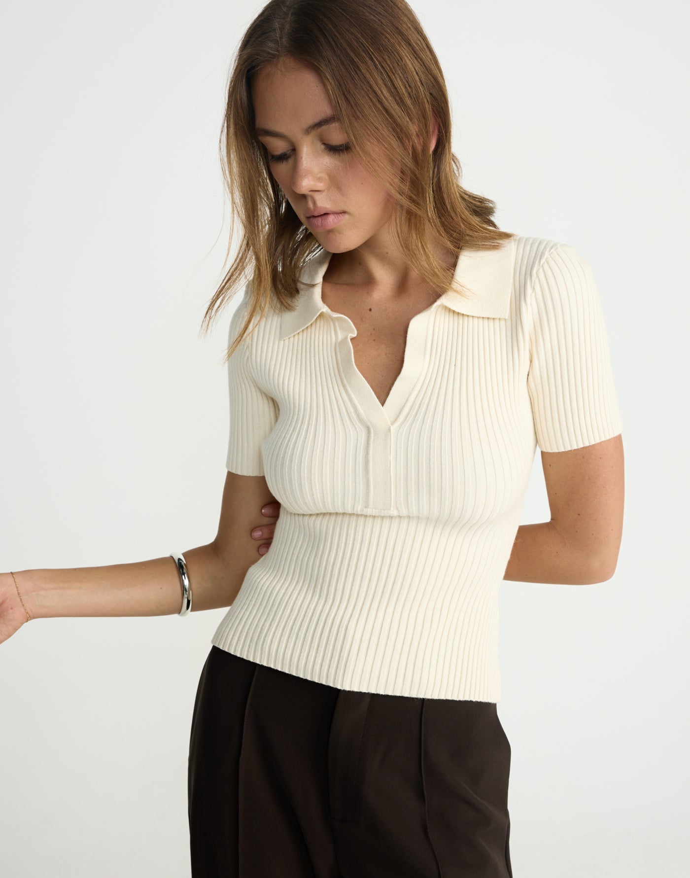Michiko Top (Oat) | CHARCOAL EXCLUSIVE | Ribbed collared button closure top - Women's Top - Charcoal Clothing