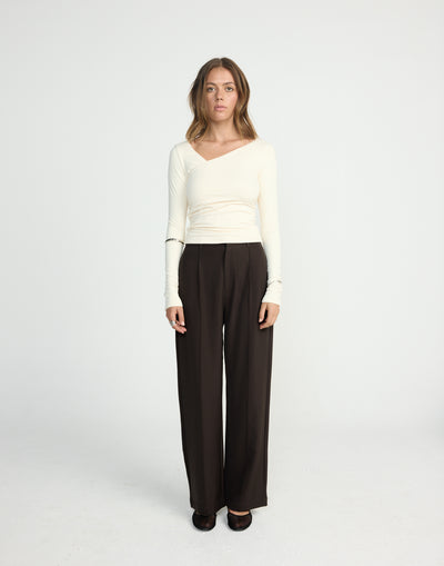 Vandelia Pants - Petite (Chocolate) | CHARCOAL EXCLUSIVE | High waisted straight leg workwear pants - Women's Pants - Charcoal Clothing