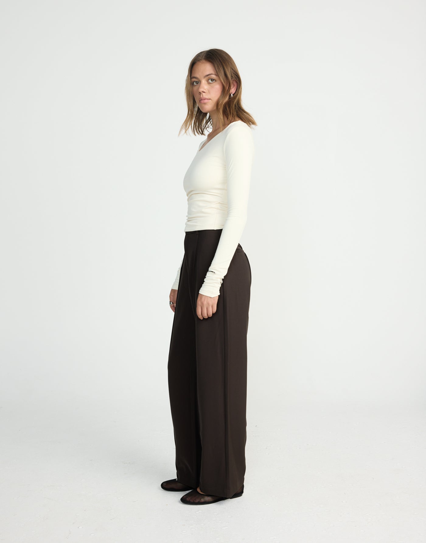 Twyla Long Sleeve Top (Oat) | CHARCOAL EXCLUSIVE | Wrap style asymmetrical V-neckline long sleeve top - Women's Top - Charcoal Clothing