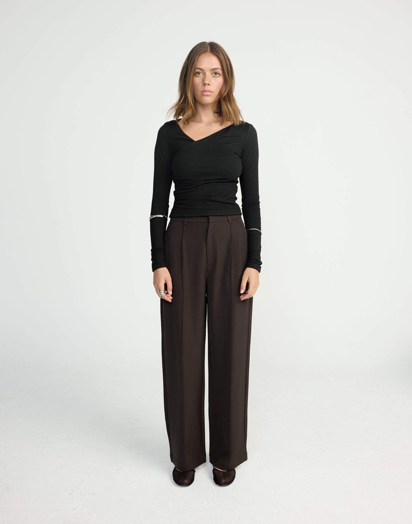 Twyla Long Sleeve Top (Black) | CHARCOAL EXCLUSIVE | Wrap style asymmetrical V-neckline long sleeve top - Women's Top - Charcoal Clothing