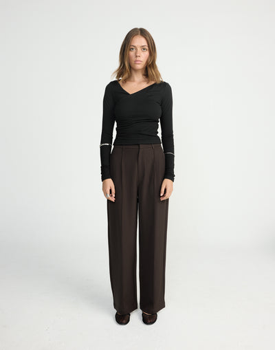 Twyla Long Sleeve Top (Black) | CHARCOAL EXCLUSIVE | Wrap style asymmetrical V-neckline long sleeve top - Women's Top - Charcoal Clothing