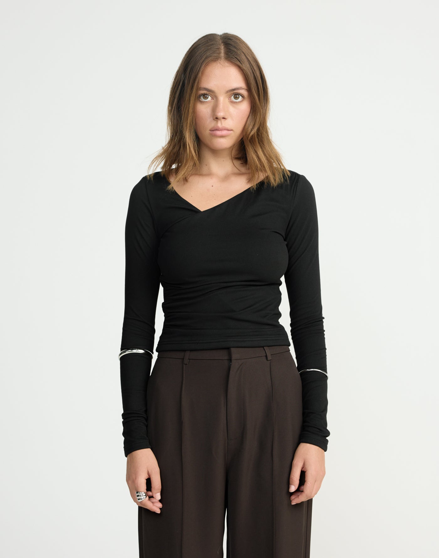 Twyla Long Sleeve Top (Black) | CHARCOAL EXCLUSIVE | Wrap style asymmetrical V-neckline long sleeve top - Women's Top - Charcoal Clothing