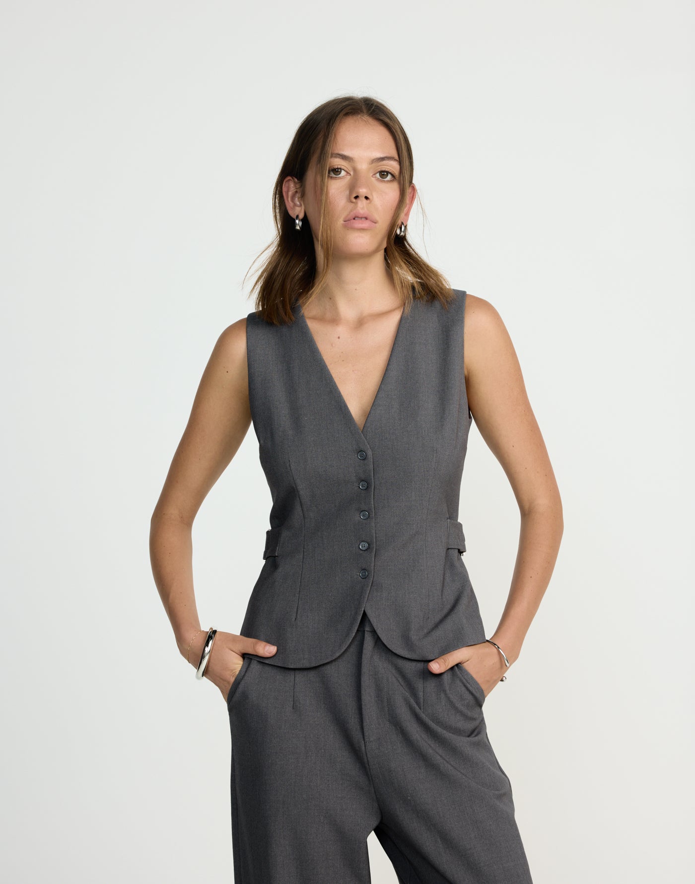 Yori Top (Textured Slate) | CHARCOAL EXCLUSIVE | Vest style V neckline top with button closure - Women's Top - Charcoal Clothing
