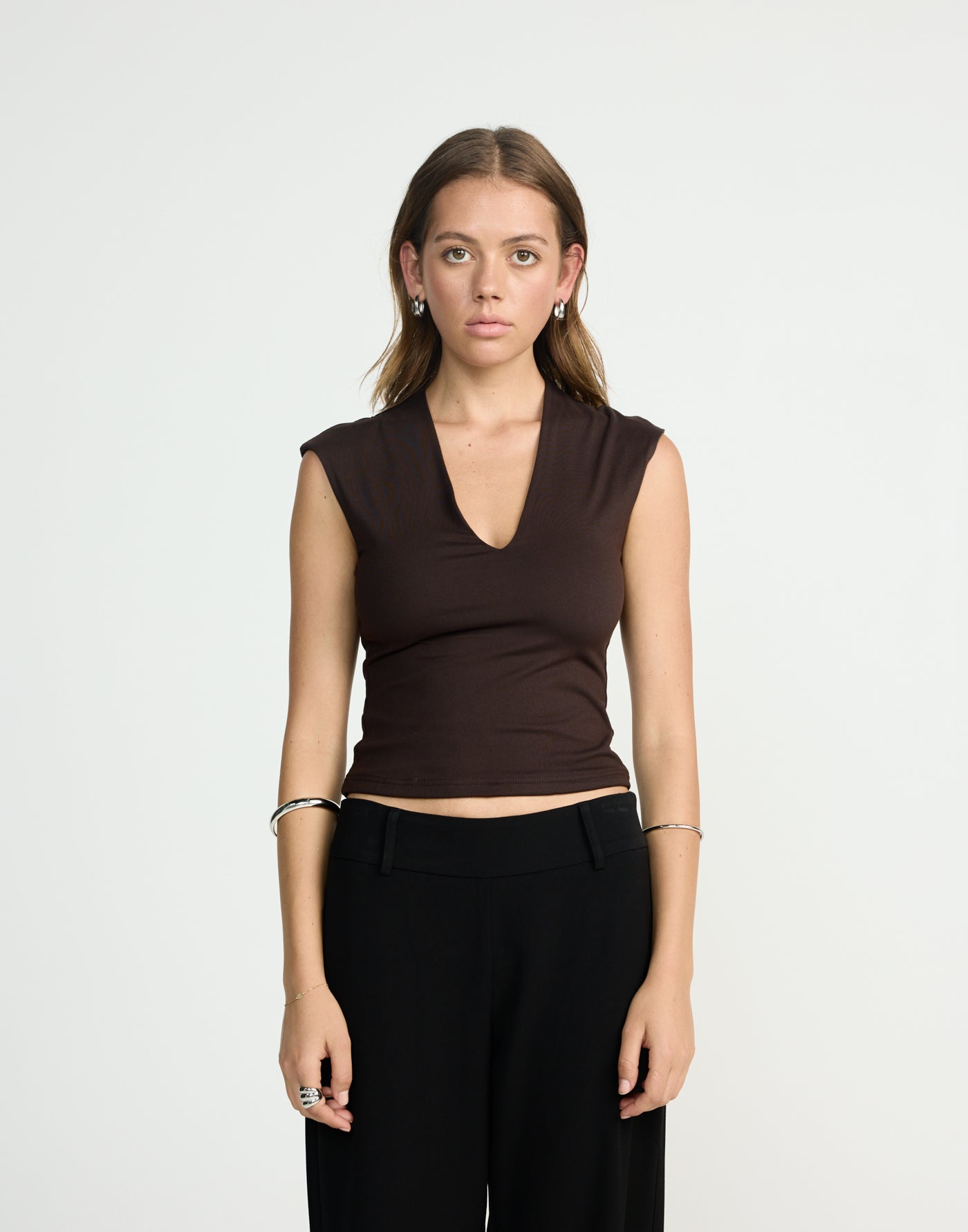 Deka Top (Chocolate) | CHARCOAL EXCLUSIVE | V-neckline jersey fabrication fitted top - Women's Top - Charcoal Clothing