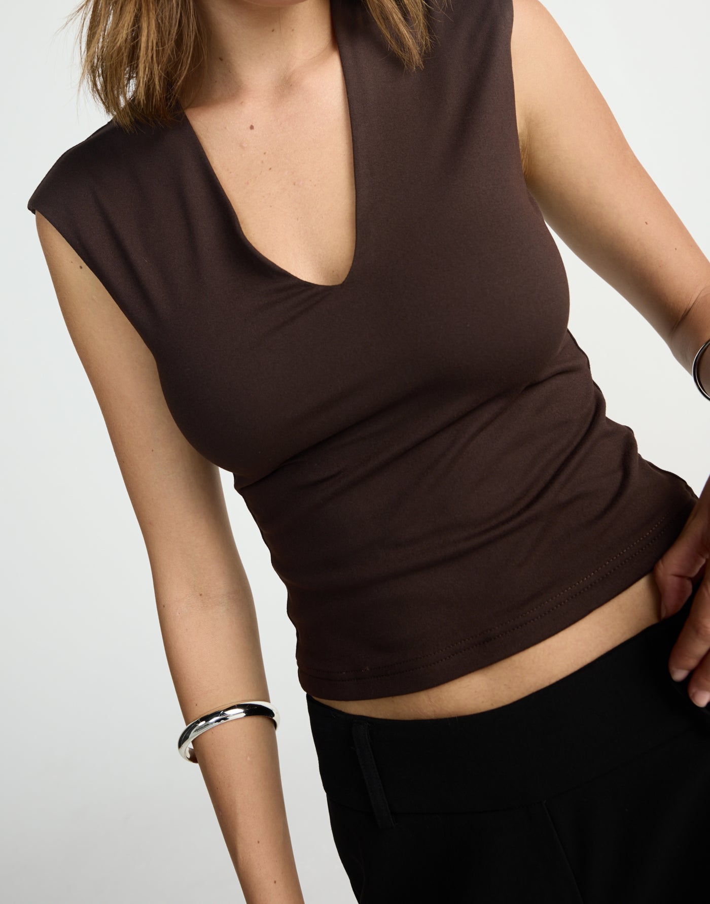 Deka Top (Chocolate) | CHARCOAL EXCLUSIVE | V-neckline jersey fabrication fitted top - Women's Top - Charcoal Clothing
