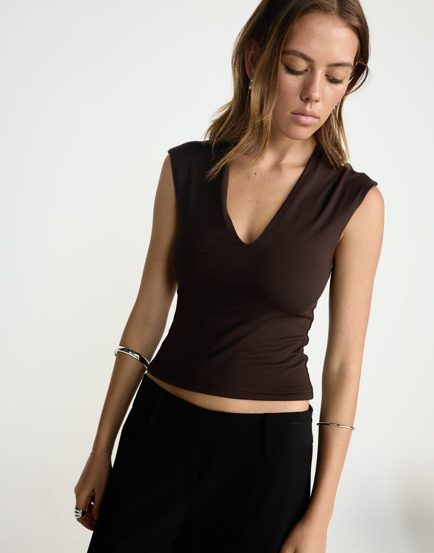 Deka Top (Chocolate) | CHARCOAL EXCLUSIVE | V-neckline jersey fabrication fitted top - Women's Top - Charcoal Clothing