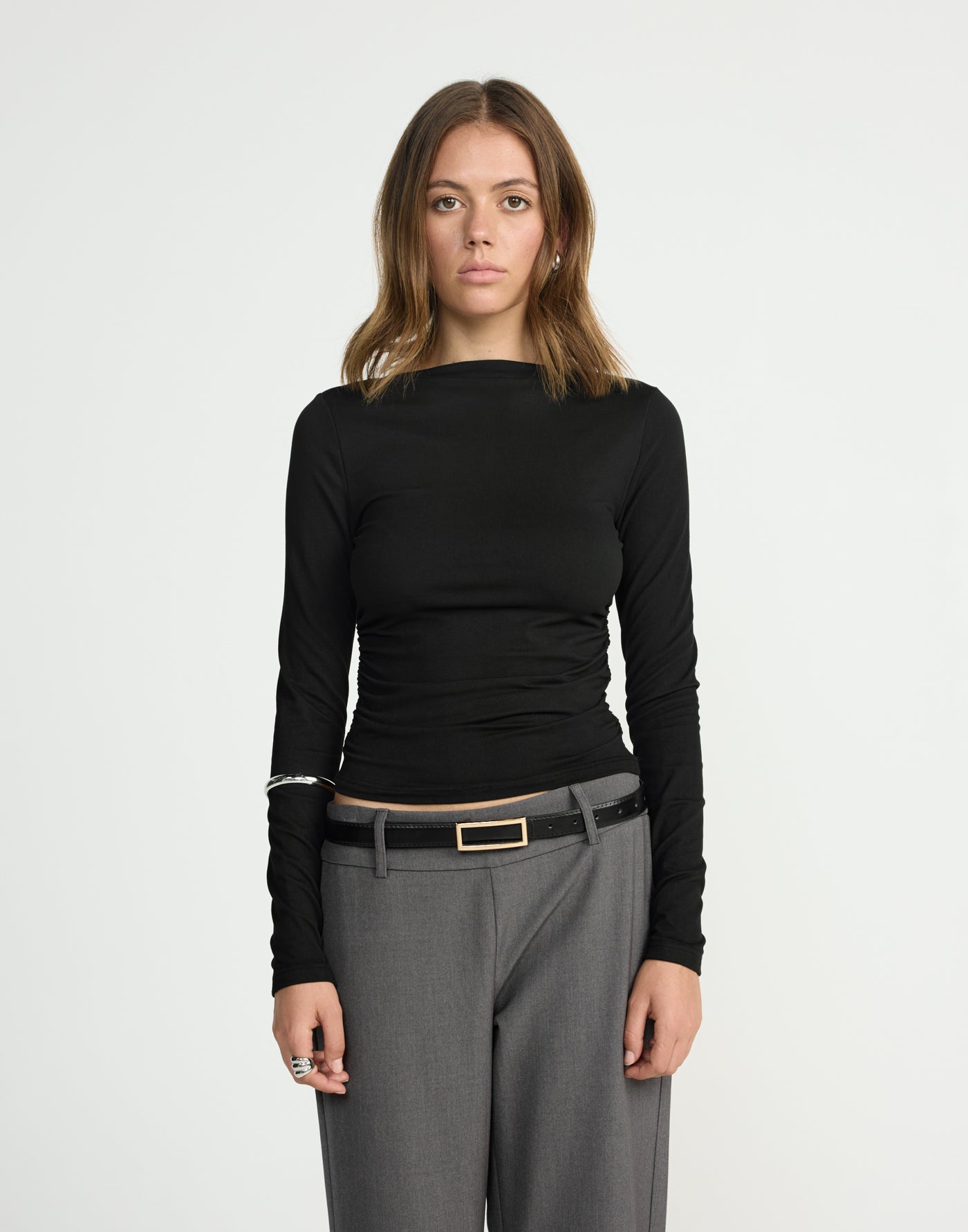 Caprice Long Sleeve Top (Black) | CHARCOAL EXCLUSIVE | Long sleeve bodycon buttery jersey fitted top - Women's Top - Charcoal Clothing