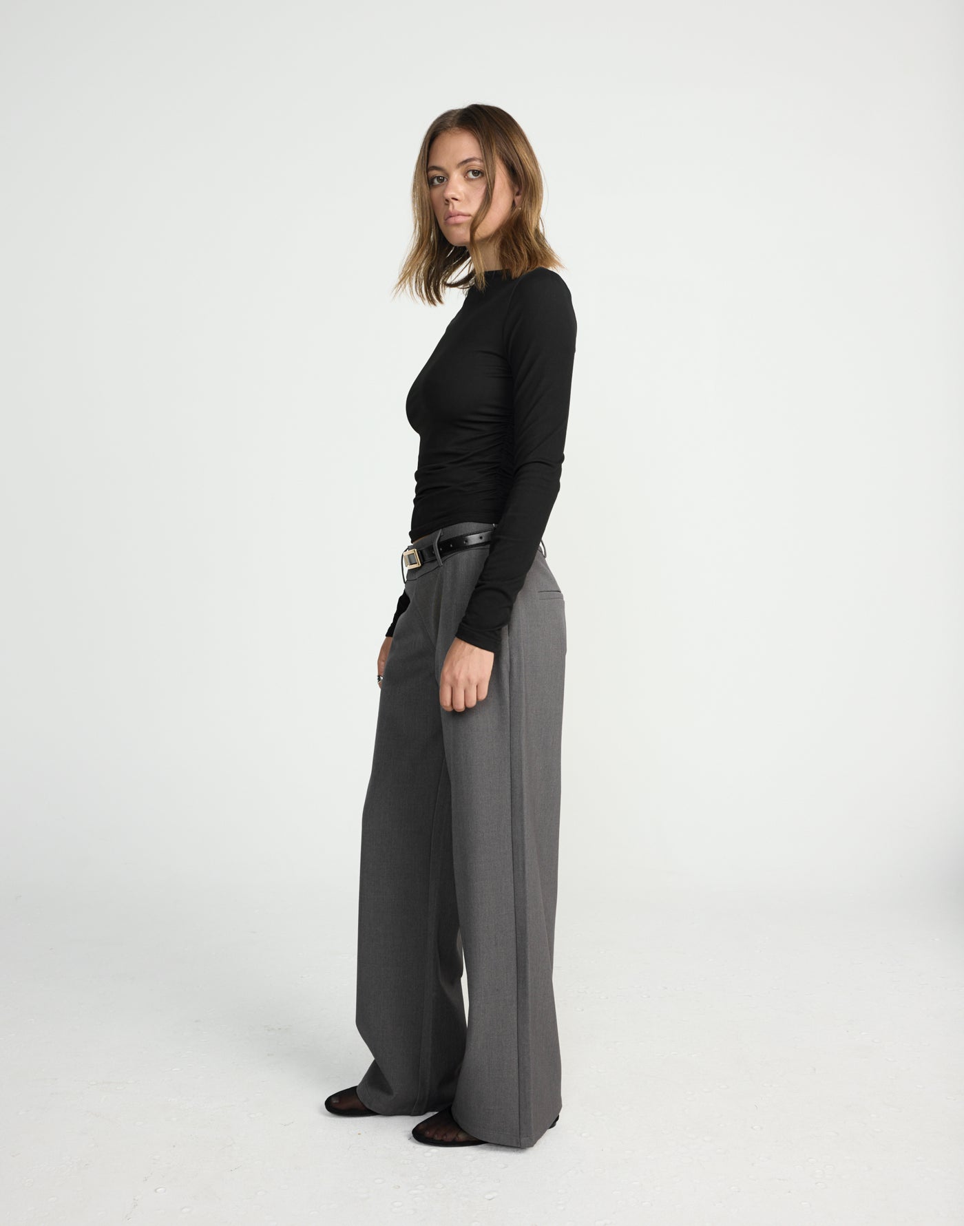 Rosalinda Pants (Textured Slate) | CHARCOAL EXCLUSIVE | Mid rise suiting pants withe side zipper - Women's Pants - Charcoal Clothing