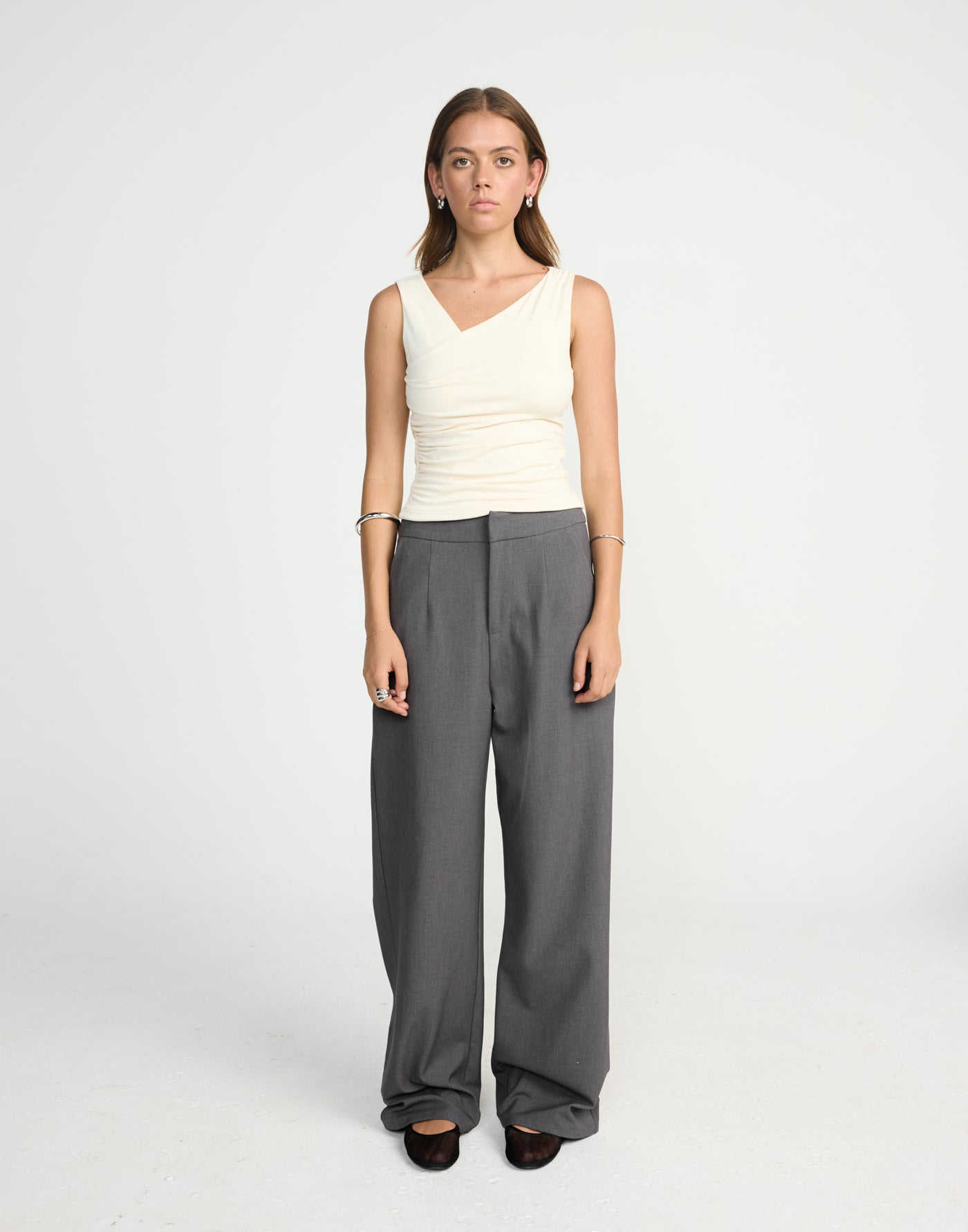 Twyla Top (Oat) | CHARCOAL EXCLUSIVE | Wrap style asymmetrical V-neckline top - Women's Top - Charcoal Clothing