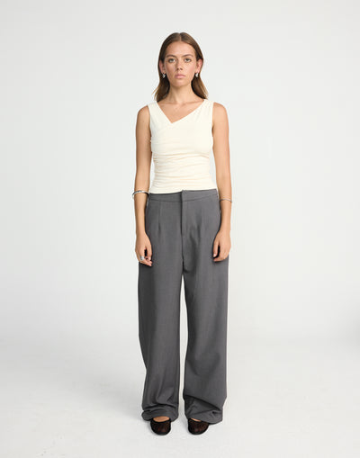 Twyla Top (Oat) | CHARCOAL EXCLUSIVE | Wrap style asymmetrical V-neckline top - Women's Top - Charcoal Clothing