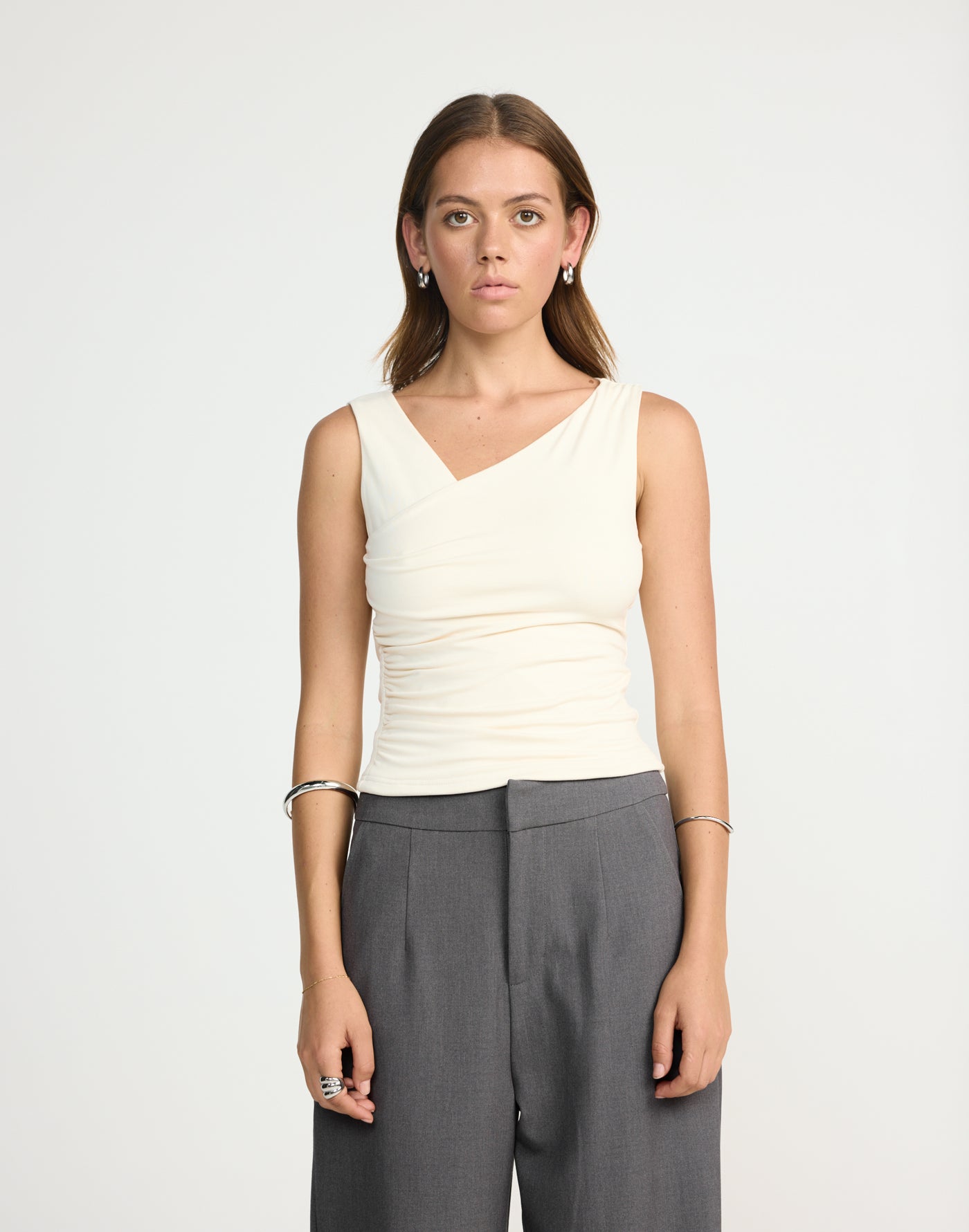Twyla Top (Oat) | CHARCOAL EXCLUSIVE | Wrap style asymmetrical V-neckline top - Women's Top - Charcoal Clothing