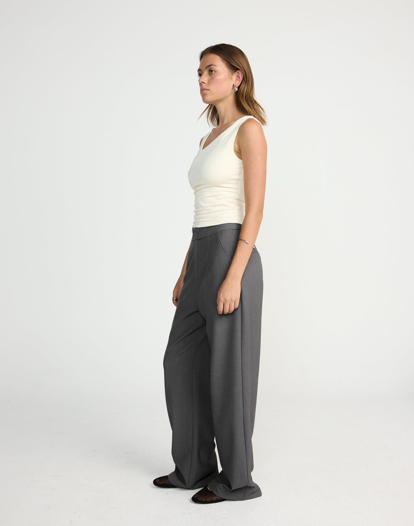 Twyla Top (Oat) | CHARCOAL EXCLUSIVE | Wrap style asymmetrical V-neckline top - Women's Top - Charcoal Clothing