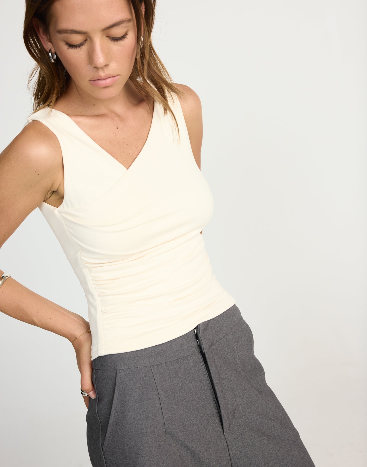 Twyla Top (Oat) | CHARCOAL EXCLUSIVE | Wrap style asymmetrical V-neckline top - Women's Top - Charcoal Clothing