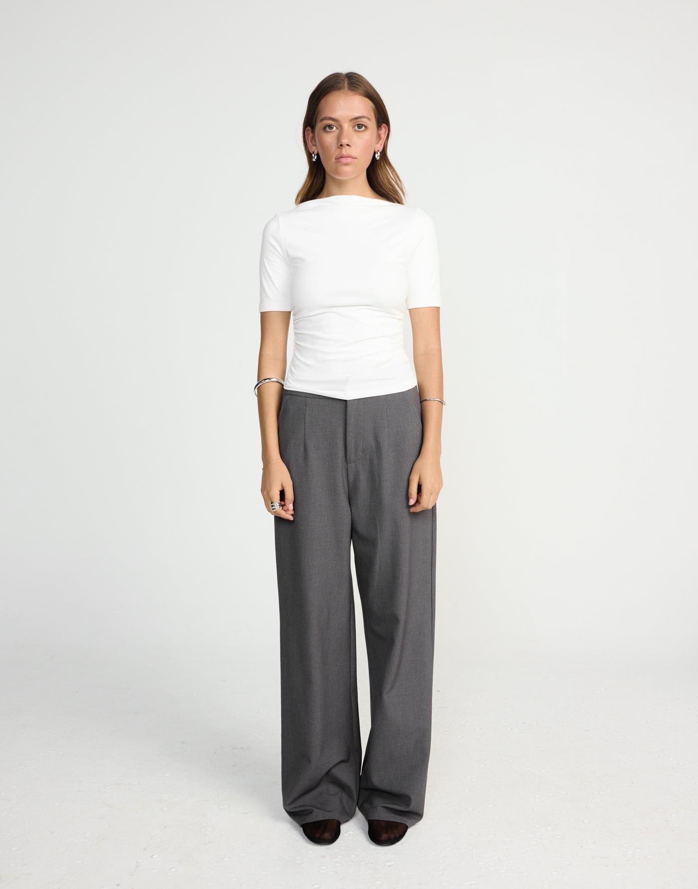 Caprice Top (White) | CHARCOAL EXCLUSIVE | Short sleeved bodycon butter jersey highneck top - Women's Top - Charcoal Clothing