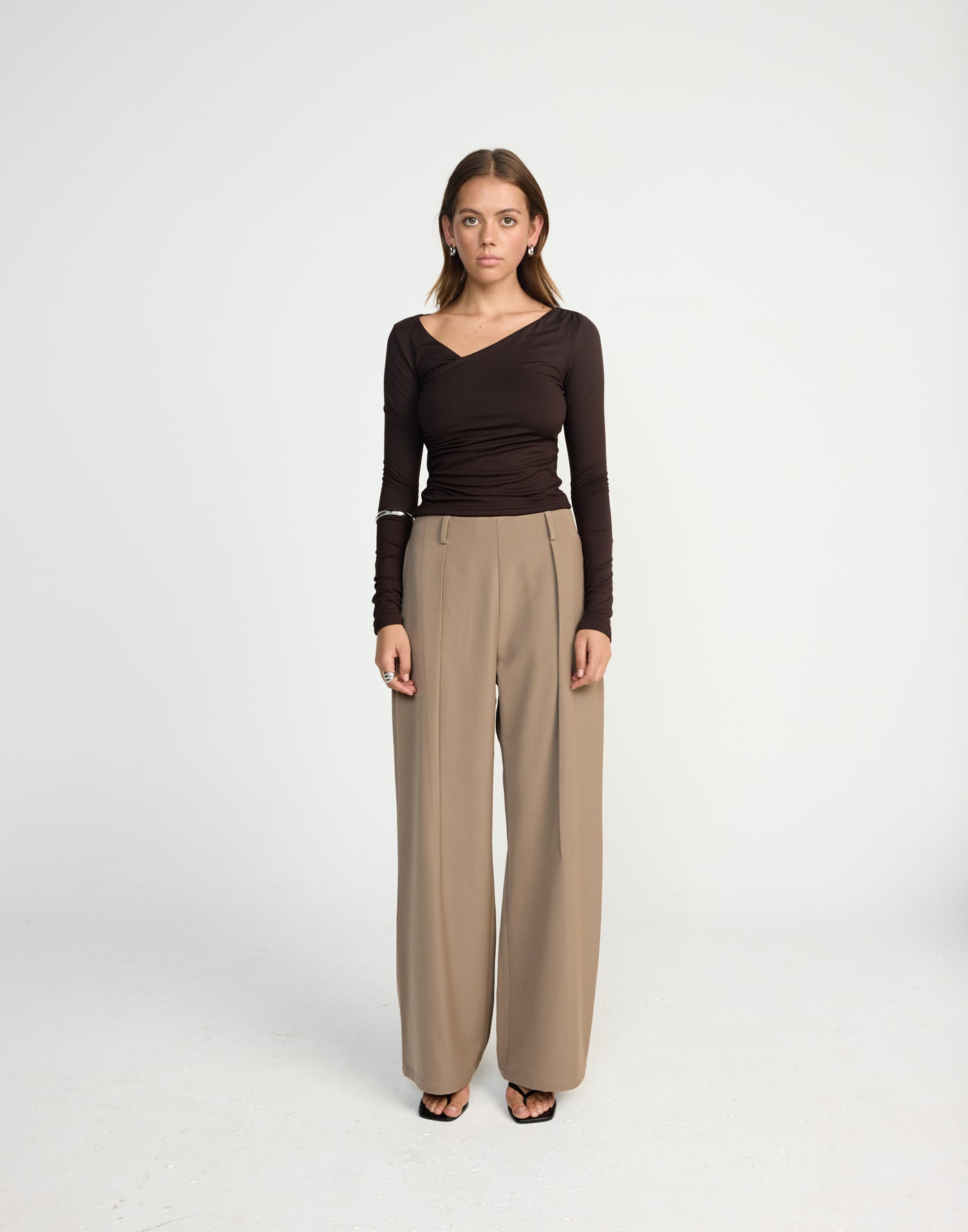 Twyla Long Sleeve Top (Chocolate) | CHARCOAL EXCLUSIVE | Wrap style asymmetrical V-neckline long sleeve top - Women's Top - Charcoal Clothing