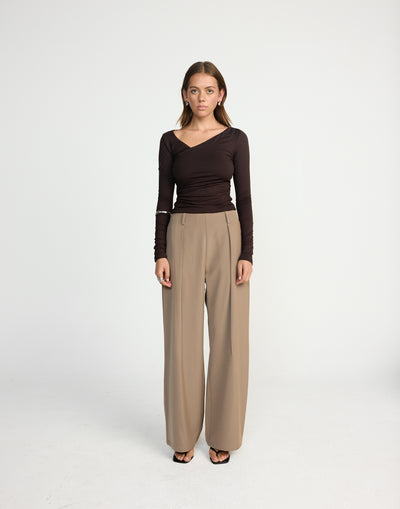 Twyla Long Sleeve Top (Chocolate) | CHARCOAL EXCLUSIVE | Wrap style asymmetrical V-neckline long sleeve top - Women's Top - Charcoal Clothing