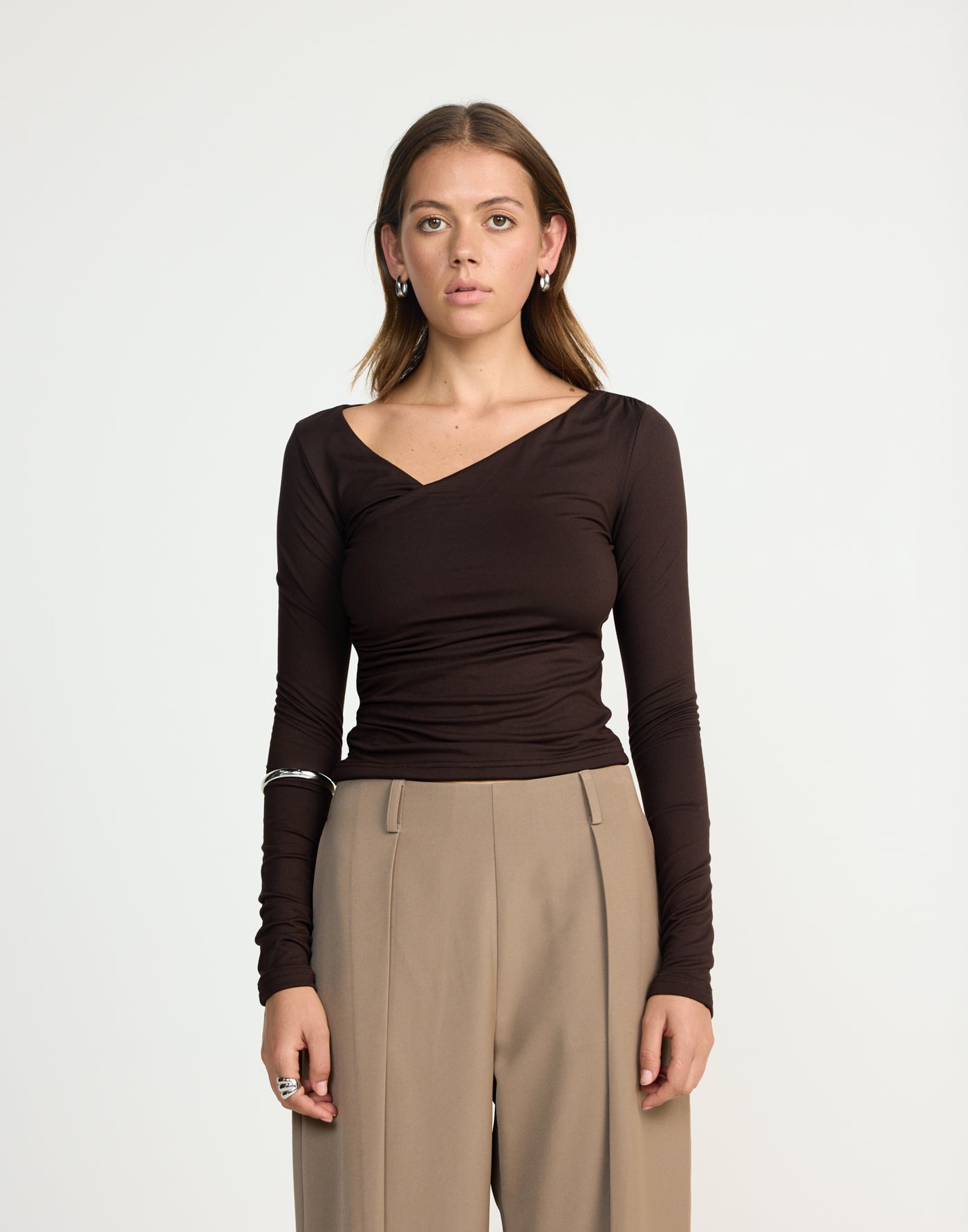Twyla Long Sleeve Top (Chocolate) | CHARCOAL EXCLUSIVE | Wrap style asymmetrical V-neckline long sleeve top - Women's Top - Charcoal Clothing