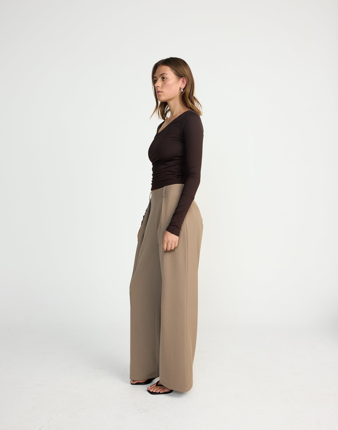 Twyla Long Sleeve Top (Chocolate) | CHARCOAL EXCLUSIVE | Wrap style asymmetrical V-neckline long sleeve top - Women's Top - Charcoal Clothing
