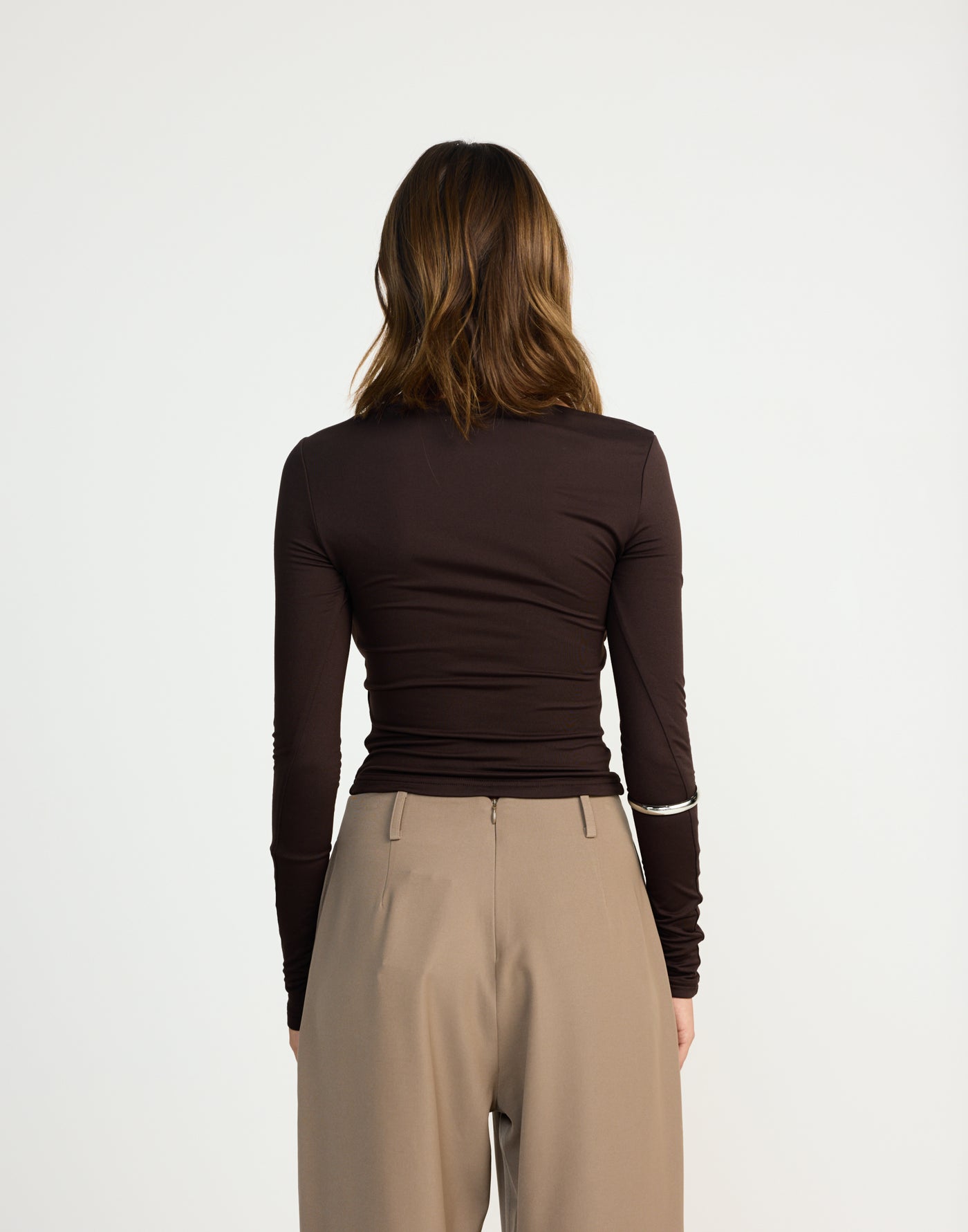 Twyla Long Sleeve Top (Chocolate) | CHARCOAL EXCLUSIVE | Wrap style asymmetrical V-neckline long sleeve top - Women's Top - Charcoal Clothing