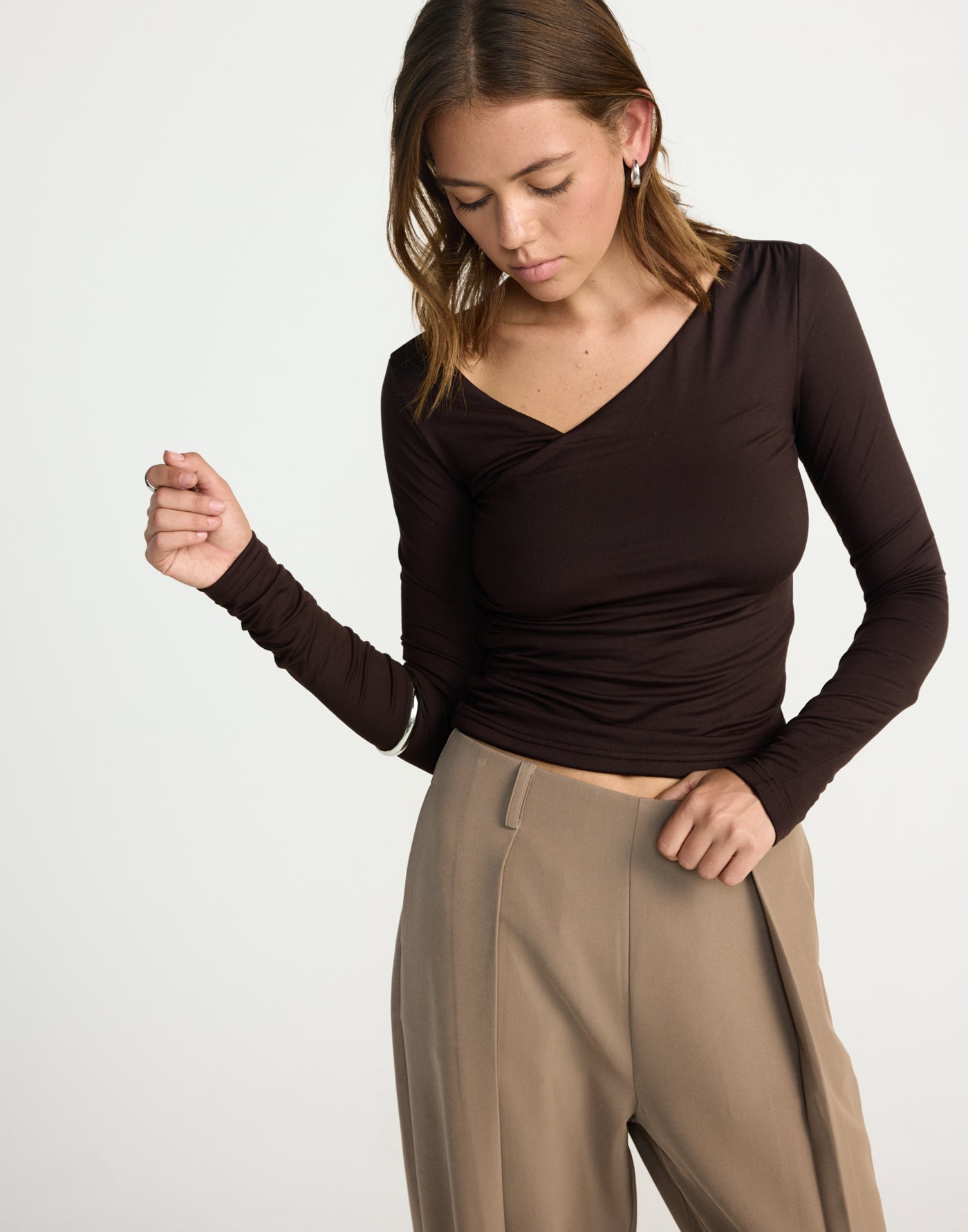 Twyla Long Sleeve Top (Chocolate) | CHARCOAL EXCLUSIVE | Wrap style asymmetrical V-neckline long sleeve top - Women's Top - Charcoal Clothing